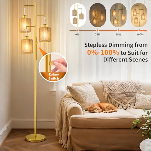 Hotsonic 72" Tall Boho Rattan Style Floor Lamp with Hand-Woven Paper Cord Shade, Dimmable Industrial Tree Standing Lamp for Living Room, Bedroom, Study Room, Office (3 x 800LM Bulbs Included) - Gold - color: Gold+Beige