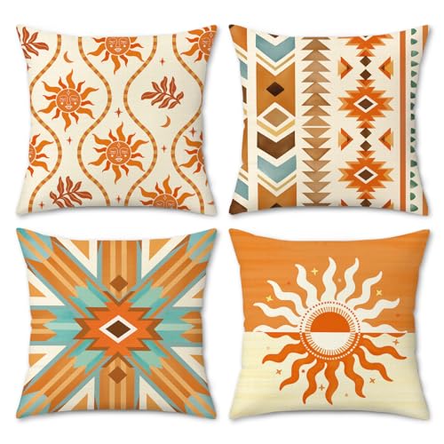 Bonhause Boho Southwestern Throw Pillow Covers 18x18 Inch Orange Aztec Ethnic Tribal Geometric Pattern Outdoor Decorative Polyester Linen Cushion Covers for Couch Sofa Bed Home Decor Set of 4 - color: Orange & Brown, size: 18" x 18" (Pack of 4)