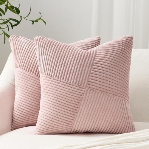 Topfinel 24x24 inches Pink Euro Pillow Shams Set of 2 Corduroy Decorative Throw Pillow Covers for Bedroom Living Room, Windmill Textured Striped Patchwork Couch Pillow Covers 60x60 cm - color: Blushpink, size: 24" x 24" (Pack of 2)