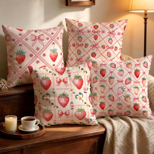 OBSEDE Pink Bow Strawberry Throw Pillow Covers 18 × 18 in, Set of 4, Couch Cushion Cases Inserts for Sofa Bed Living Room Home Decor, Single Side Print - color: Blush Ribbon Berry Illustration, size: 18" x 18" (Pack of 4)