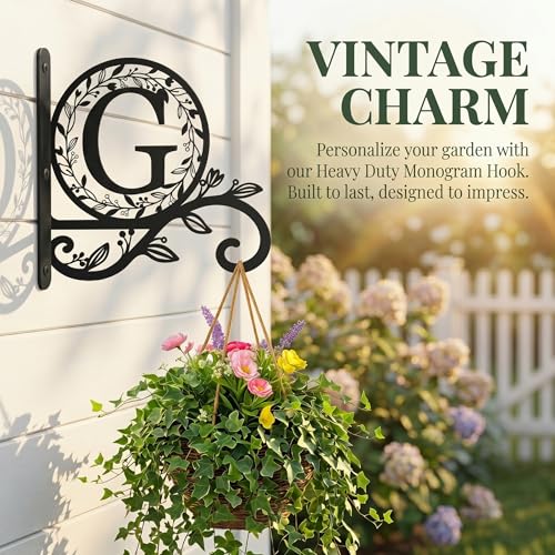 Metal Initial Letter G Plant Hanger Bracket, Decorative Wall Mount Hanging Plant Hook, Monogram Floral Leaf Garden Decor for Hanging Baskets, Bird Feeders, Lanterns, Wind Chimes - style: G