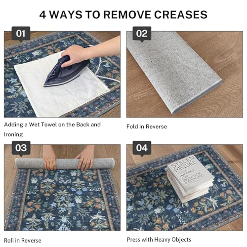 Lansny Washable Entryway Rug 2x3, Navy Floral Kitchen Rug, Super Thin Faux Wool Small Area Rug, Boho Non-Slip Soft Carpet for Foyer, Bedroom, Office - color: Navy, size: 2' x 3' (Rectangular)