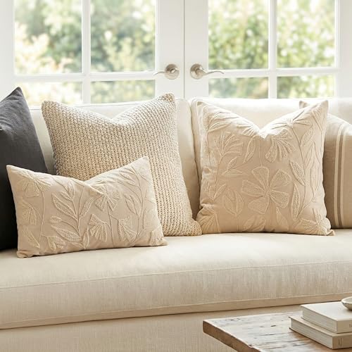 BlissBlush Decorative Lumbar Pillow Cover 12x20, Beige Neutral Accent Velvet Throw Pillowcase for Couch Sofa Living Room, Floral Tufted Rectangular Cushion, Cover Only - color: Beige Cream, size: 20" x 12" (Pack of 1)