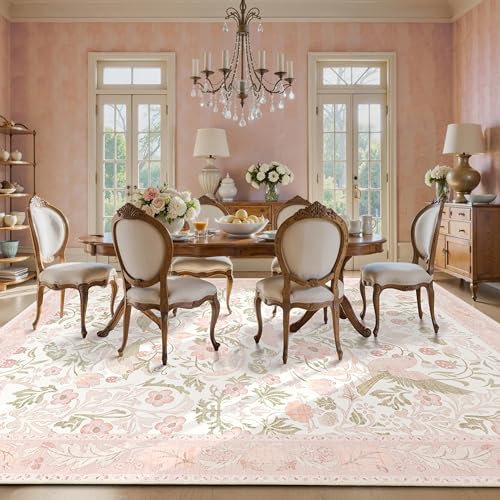 8'x10' Area Rugs Washable,Pink Rug for Living Room Bedroom Dining Room,Large Boho Botanical Farmhouse Bohemian Distressed Oriental Carpet Non Slip,Blush Floral Bird - color: Pink Floral Bird, size: 8'x10'