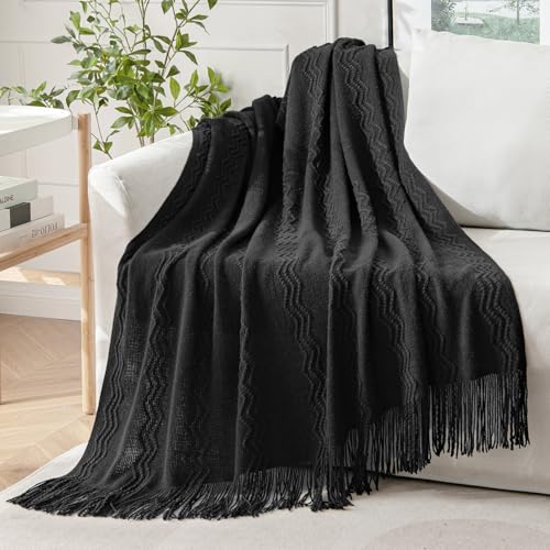 MIULEE Black Knitted Throw Blanket for Couch Textured Knit Blanket with Tassels Cozy Woven Boho Bed Blanket for Sofa Bed Chair Acrylic Wave Pattern 50"x60" - color: Black, size: 50" x 60"