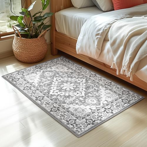 Lessymo 2 x 3 Entryway Rug - Machine Washable Area Rugs Boho Faux Wool Low Pile Area Rug for Bedroom, Floral Medallion Vintage Outdoor Rugs with Non-Slip Rubber,Grey Beige - color: Grey Beige, size: 2' x 3' (Rectangular)