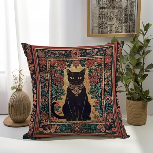 YOU FOUND ME William Morris Abstract Vintage Black Cat Design Throw Pillow Cover Home Decor, Art Decor Pillowcase Cushion Cover for Bed Sofa Living Room, Indoor and Outdoor 18x18inch (Black Cat5) - color: Black Cat5