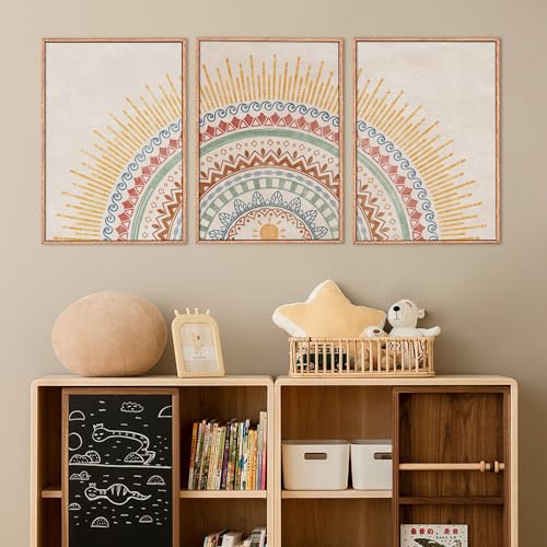 HPINUB Boho Sun Framed Canvas Wall Art Set, Mid-Century Modern Wall Decor, Minimalism Bohemian Wall Painting, Abstract Geometric Pattern Art Print for Living Room, Bedroom, Office - 24"x36"x3 - color: Boho Sun Wall Art, size: 24"L x 36"W