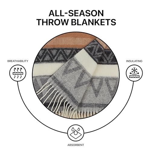 | Wool Blanket/Throw | 100% New Zealand Wool | Perfect for Home and Outdoors | Virgin Wool Throw with Fringes 75"x87" (190 x 220 cm) - color: Caramel Geometry, size: Full