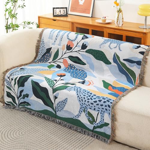 LumiSyne Double-Sided Cotton Woven Throw Blanket with Tassel Jungle Bohemian Style Tapestry Shawl Multi-Function Decorative Throws for Sofa Bed Armchair Camping Blanket Tablecloth Carpet 160x130cm - color: Blue Leopard
