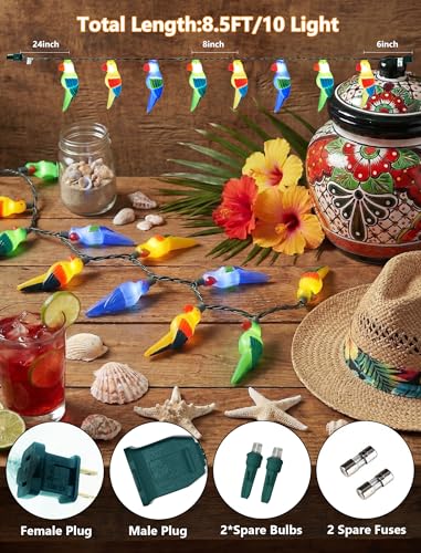 8.5Ft Parrot Outdoor String Lights, LED Tropical Themed Patio Lights with 10 Multicolor Birds Lights, Plug in Hanging Fairy String Lights for Backyard Summer Camp Window Decor Gift - color: Multicolor Parrot