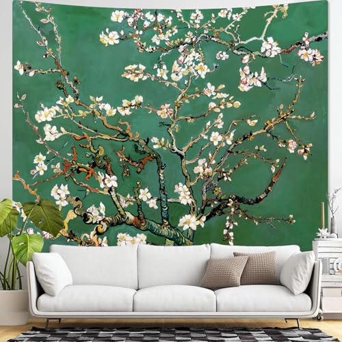 Yeoiat Van Gogh Tapestry Almond Blossom Floral Wall Tapestry, Tree Tapestries for Bedroom Art Tapestries Wall Hanging for Bedroom Living Room 44"x60" - color: Green White, size: 60"L x 44"W