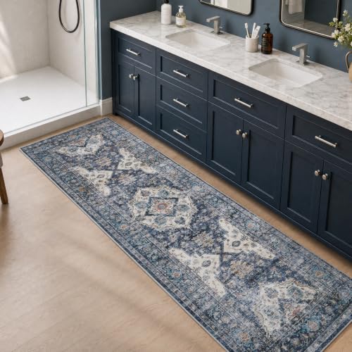 AMOAMI-2X6 Runner Rug-Washable Runners for Hallways-Soft Non Slip Bedside Rugs for Bedroom-Vintage Long Rug for Hallways Entryway Laundry Room Stair Kitchen Bathroom Blue - color: Blue, size: 2' x 6' (Rectangular)