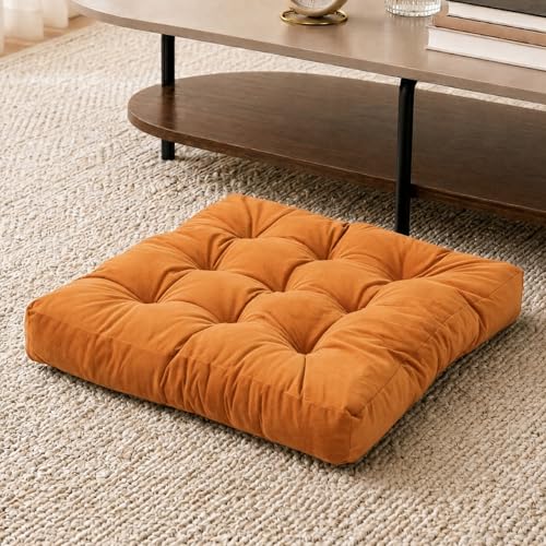 Floor Pillow for Adults, Soft Velvet Floor Cushion for Sitting, Single Square Tufted Floor Pillow for Reading Nook, Living Room, Bedroom, 22 x 22 Inch, Orange - color: Orange, size: 1pack