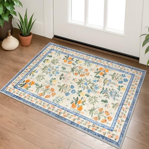 Lansny Boho Entryway Rug 2x3 Washable, Garden Yellow-Green Floral Kitchen Rug, Super Thin Faux Wool Small Area Rug, Non-Slip Soft Carpet for Foyer, Bedroom, Office - color: Garden Yellow-green, size: 2' x 3' (Rectangular)