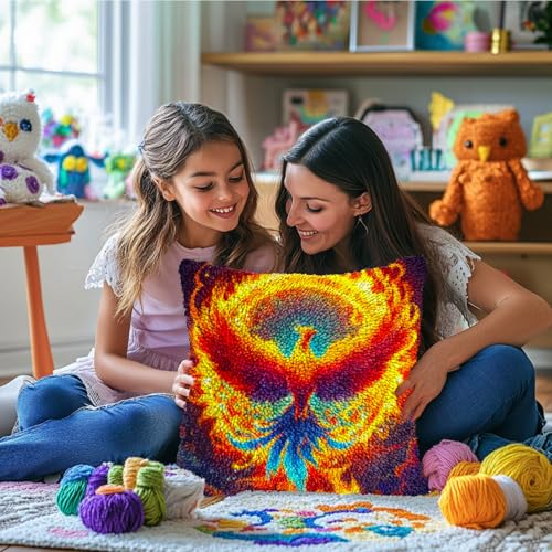 DIY Latch Hook Pillow Kits Phoenix Flying Colorful Flames Printed Pillowcase Crochet Yarns Hooking Handmade Pillow Cover Cushion for Home Sofa Decoration 17x17inch-2 - color: 08-Phoenix