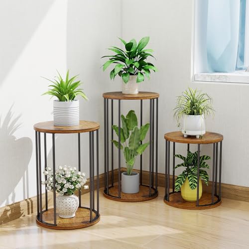 Plant Stand Indoor,small plant stool,Flower Pot Corner stand holder,Mid Century Heavy Duty Metal Tall Home Decor,Modern Round End Table,Small Rustic Display Stand for Living Room,Bedroom (Brown,3 Packs) - color: all size brown set 3
