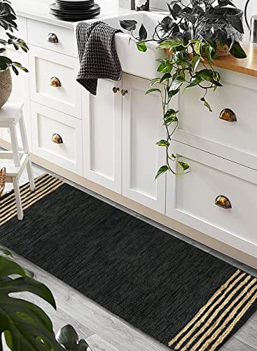 GRUHUM Jute Runner Rug 2'6"x10' ft Natural Fiber Leather Black Jute Area Rug Handwoven Boho Farmhouse Braided Rustic Vintage Ecofriendly Indoor Rugs for Kitchen Living Room Bedroom Hallways Entryways - color: Natural Black- 20, size: 2'6" x 10' (Rectangul