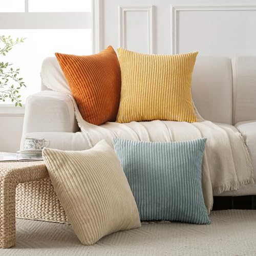 Volcanics Set of 4 Orange Teal Corduroy Decorative Couch Throw Pillow Covers 18x18 Inch, Western Modern Farmhouse Striped Cushion Cases, Soft Boho Square Accent Pillow Covers for Home Sofa - color: Orange Teal, size: 18" x 18" (Pack of 4)