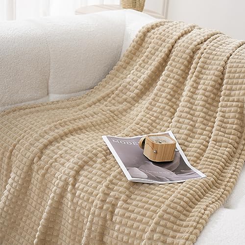 Puncuntex Flannel Fleece Beige Throw Blanket 50"×60",Super Soft Plush Cozy Blanket with 3D Jacquard Square Grid Design Luxury for Couch Sofa Chair,Khaki - color: Khaki, size: 50"×60"