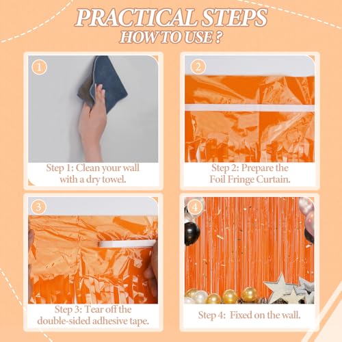 DECOCKRAT 3 Pack Foil Fringe Backdrop - Orange Shiny Tinsel Curtains for Party Decoration/Photo Booth Props - 3.3x8.2 FT Metallic Foil Backdrop for Birthday, Wedding, Graduation, Christmas. - color: Orange