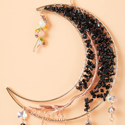 Black Gemstone Dream Catcher 7 Chakras Tree of Life Moon Dream Catcher with Healing Crystal Square Stones Handmade Dreamcatcher Wall Decor for Adults Boys Girls,Bedroom,Wedding,Garden,Bless Gift - color: Black Moon Square Stone