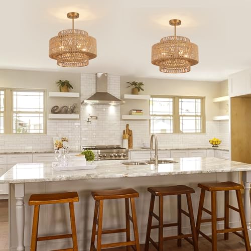 18 Inch Boho Chandeliers for Dining Room 4-Lights Black Farmhouse Light Fixtures Large Pendant Light Hand Woven Dining Table Light Fixture Rattan Hanging Lamp for Kitchen Island - size: 18 Inch