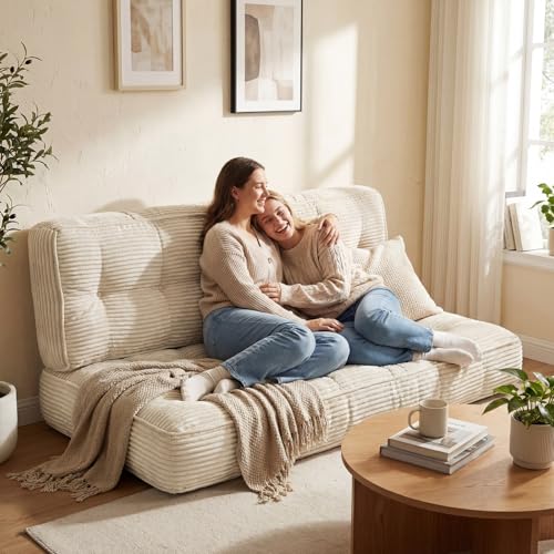 Vercraft 63 Inch Folding Sofa Bed Convertible Chair, 2-in-1 Convertible Boneless Sofa Floor Cushions Couch Mattress Oversized Corduroy Upholstered Sleeper Chair for Living Room Guest Apartment(Beige)
