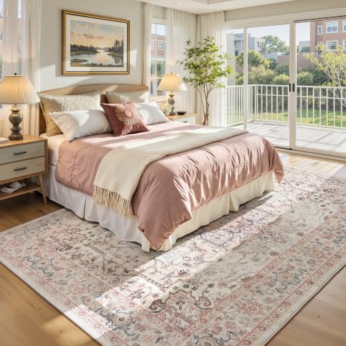 8x10 Dusty Pink Large Area Rugs for Living Room - Boho Light Pink Medallion Aesthetic Distressed Washable Rug, Soft Non-Slip Backing Low Pile Carpet for Playroom, Bedroom, Nursery - color: Dusty Pink, size: 8' x 10' (Rectangular)