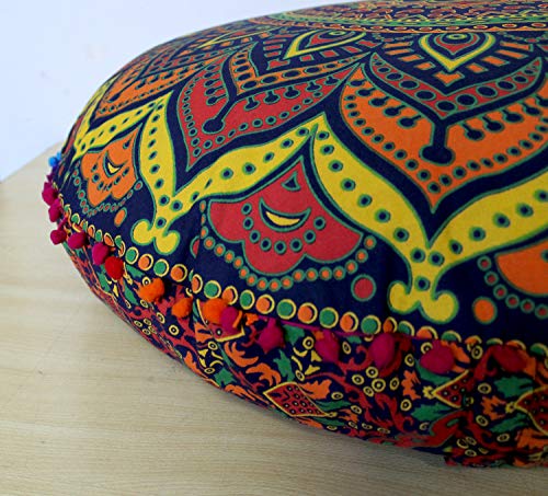 CRAFT KALA Mandala Floor Pillow Cushion Cover Seating Throw Cover Hippie Decorative Bohemian Ottoman Poufs Pom Pom Pillow Cases Boho Indian Cotton Living Room Yoga Home Décor 24" Round, New Blue Ombre - color: New Blue Ombre, size: 24" x 24" (Pack of 1)