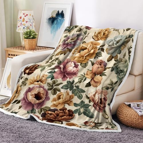 Boho Floral Blankets Vintage Floral Fleece Blanket | Soft, Flannel, Warm, Red Flower Plants Bed Throws Botanical Flowers Bed Throws for Sofa Bedroom Living Room 50X70 Inch - color: Red, size: 50 X 70