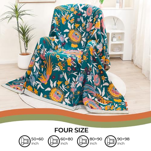 Boho Throw Blanket for Bed Couch 100% Cotton Ultra Soft Large Rustic Quilt t Queen Blanket,Bird Floral Printed Farmhouse Bed Blankets 80"×90", Decorative Reversible Muslin Bed Cover for All Seasons - color: Boho Flower-c, size: 80"x90"