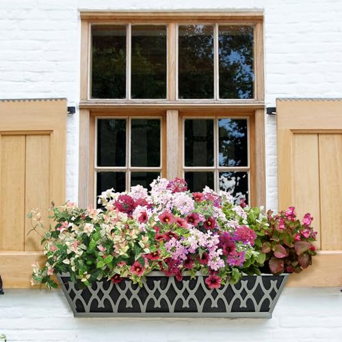4 Pack 24 Inch Window Boxes Planters Railing Planter Box with Adjustable Brackets & Non-Woven Fabric Plant Grow Bags Deck Railing Planter Boxes Balcony Hanging Flower Box for Outdoor Plants - color: 4 Pack-grey, size: 24 Inch