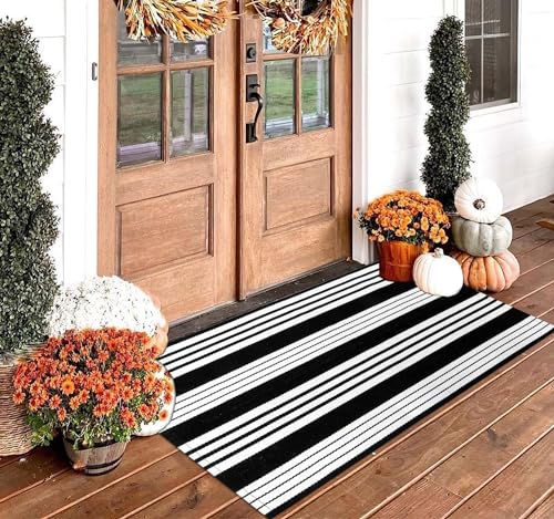 KaHouen Black and White Striped Rug (27.5 x 43 Inches),Black and White Outdoor Rug, Hand-Woven Striped Rug Indoor/Outdoor Area Rug Front Door Floor Mat for Farmhouse/Porch/Living Room.