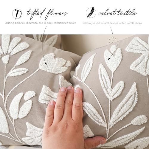BlissBlush Decorative Throw Pillow Cover 20x20, Light Taupe Velvet Accent Cushion Cover for Couch Sofa Living Room, Floral Tufted Square Pillowcase (Cover Only) - color: Light Taupe, size: 20" x 20" (Pack of 1)