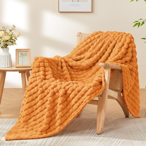 BEDELITE Updated Burnt Orange Throw Blanket for Couch and Bed- Super Soft and Warm 3D Checkered Fluffy Fuzzy Fleece Blanket, Luxurious Plush Cozy Blanket for Room Decor Spring, 50x60 inches - color: Burnt Orange, size: Throw(50"x60")