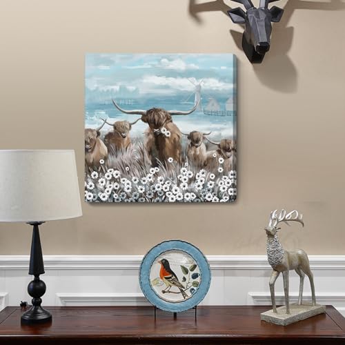 Canvas Wall Art Bathroom Coastal Boho Farmhouse Highland Cow Flower Picture Floral Artwork Rustic Country Landscape Longhorn Animal Painting for Living Room Bedroom Kitchen Décor Blue Brown Small - color: Highland Cow Wall Art, size: 13.5"L x 13.5"W