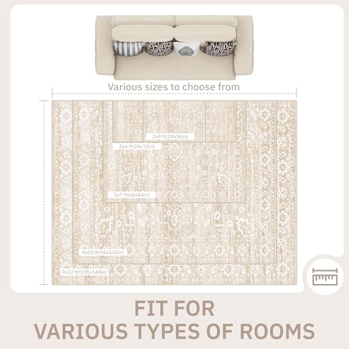 Soalmost 5x7 Area Rugs for Living Room, Washable Vintage Floral Non-Slip Low Pile Neutral Rug Soft Throw Carpet for Dining Room Bedroom Home Office Nursery (Beige, 5'x7') - color: Beige, size: 5' x 7' (Rectangular)
