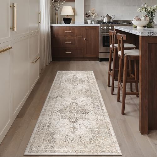 PureCozy Taupe Runner Rug 2x6 Hallway Kitchen Washable Vintage Carpet Non Slip Retro Distressed Low Pile Soft Oriental Medallion Thin Long Throw Rug for Entryway Bathroom Office Laundry Dining Room - color: Accent | Taupe, size: 2' x 6' (Runner)