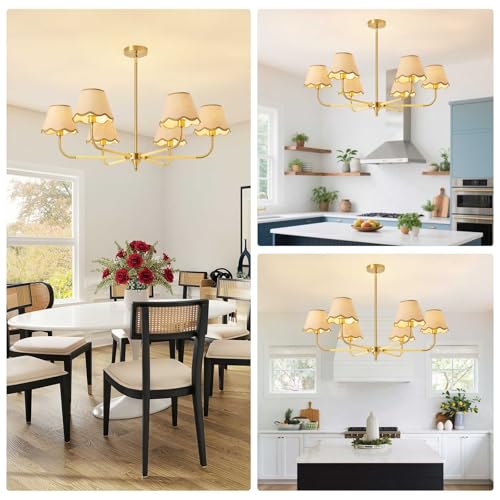 37" Boho Rattan Chandelier 6-light Farmhouse Rustic Industrial Pendant Light Fixtures with Wicker Lamp Shades, Adjustable Modern Brass Chandelier for Kitchen Island Dining Living Room Entryway