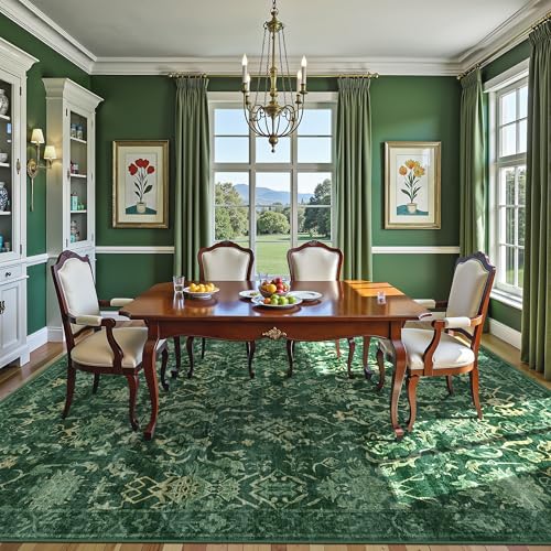 Deerly Dark Green Area Rugs 10x12 for Living Room Soft Non-Slip, Large Bedroom Rug Vintage Dining Room Rug Tribal Farmhouse Carpet for Dining Room Office Green - color: Dark Green, size: 10'x12'