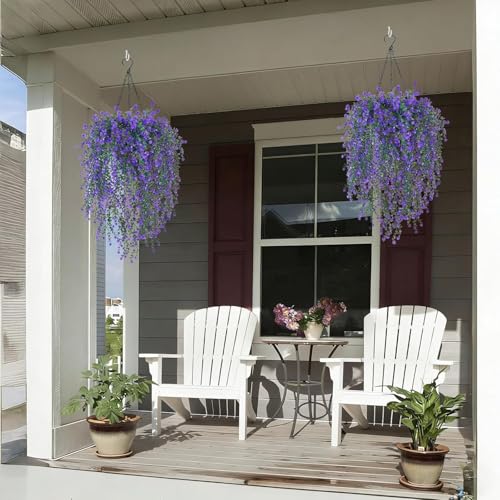 2 Set Artificial Flower Hanging Baskets for Outdoors, 20Pcs Fake Hanging Plants, Outdoor Faux Flowers UV Resistant for Spring Summer Porch Patio Garden Home Decoration (Purple) - color: Purple