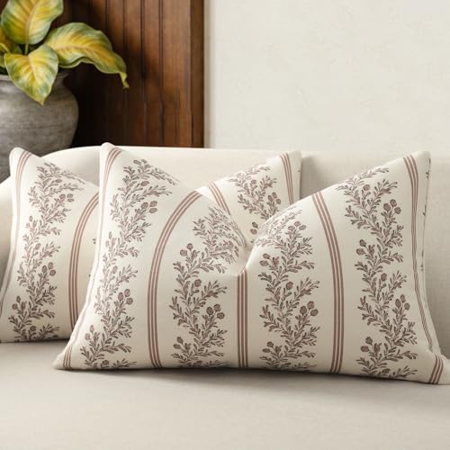Vintage Throw Pillow Covers 12x20 Set of 2, Striped Floral Pillow Cover Botanical Patterned Decorative Cushion Covers Modern Farmhouse Home Decor for Sofa Couch Bed Living Room, Almond - color: Almond, size: 20" x 12" (Pack of 2)