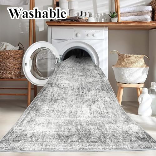 CHAMPLANT Area Rug 8x10 Washable Rug Gray Vintage Traditional Mat Distressed Indoor Foldable Thin Retro Accent Floral Non Slip Carpet Living Room Dining Room Office - color: Grey, size: 8' x 10' (Rectangular)