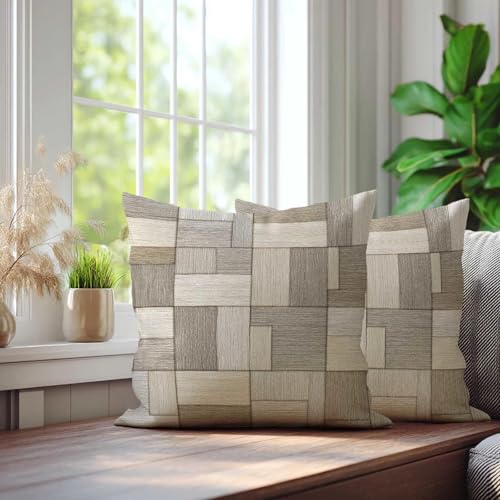 Patchwork Throw Pillow Covers 18x18 Set of 2 | Beige Taupe Decorative Cushion Covers | Neutral Farmhouse Pillow Cases for Couch Sofa Bed Living Room - color: Patch Blocks