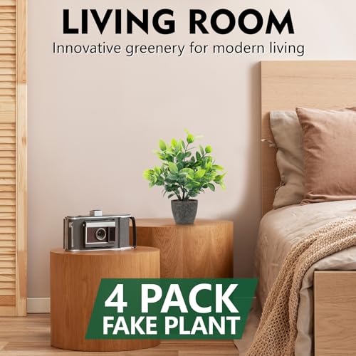 FAVOWREATH 4 Pack Fake Plants Ceramic Mini Artificial Greenery Potted Plants for Home, Office, Room, Farmhouse, Indoor Table, Bathroom Decor - color: Black