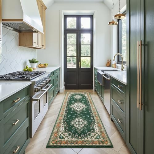 HOMORE Vintage Runner Rug-2x6 Runner Rug for Bedroom Non Slip Washable Hallway Runners Rugs for Kitchen Floor Carpet for Entryway Living Room Laundry Dorm Office, Green - color: Deep Green, size: 2' x 6' (Rectangular)