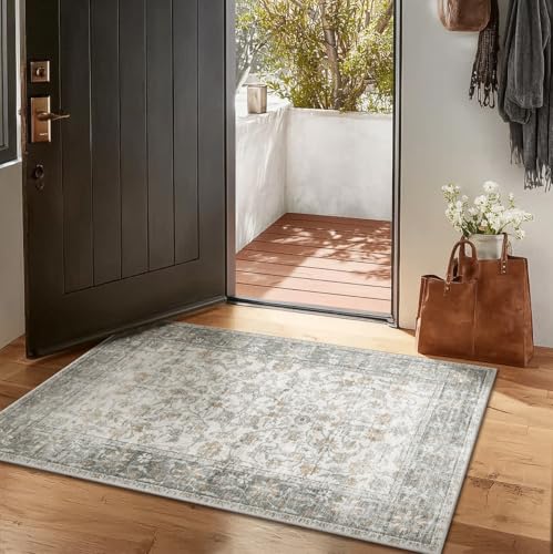 Washable Entryway Small Area Rugs: Door Mat Indoor Entrance 2x3 Boho Rug Stain Resistant Non-Slip Rubber Backing Soft Carpet for Kitchen Front Door Indoor Entrance Entry Bedroom Kids Room - color: Grey and Orange, size: 2' x 3' (Rectangular)