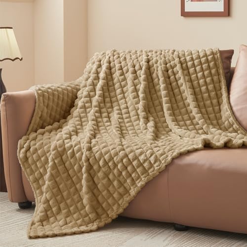 BEDELITE Camel Blanket Twin Size for Bed- Super Soft Lightweight 3D Checkered Fluffy Fuzzy Fleece Blanket, Luxurious Plush Cozy Blanket for Room Home Decor, Gift for Women, 60x80 inches - color: Camel, size: Twin(60"x80")