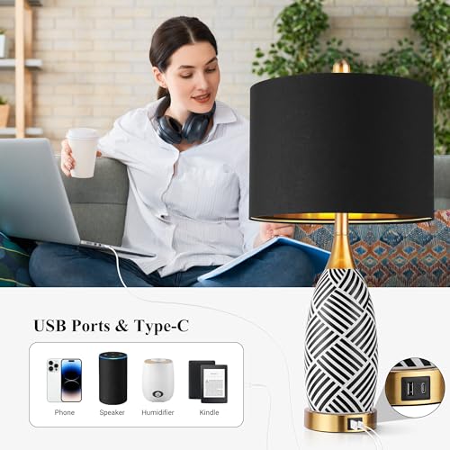 25.5" Touch Control Black and Gold Lamp,3-Way Dimmable Modern Ceramic Table Lamps with USB & Type-C Ports,Classic Black/White Striped Bedside Lamps for Bedroom Living Room Office(Bulbs Included)